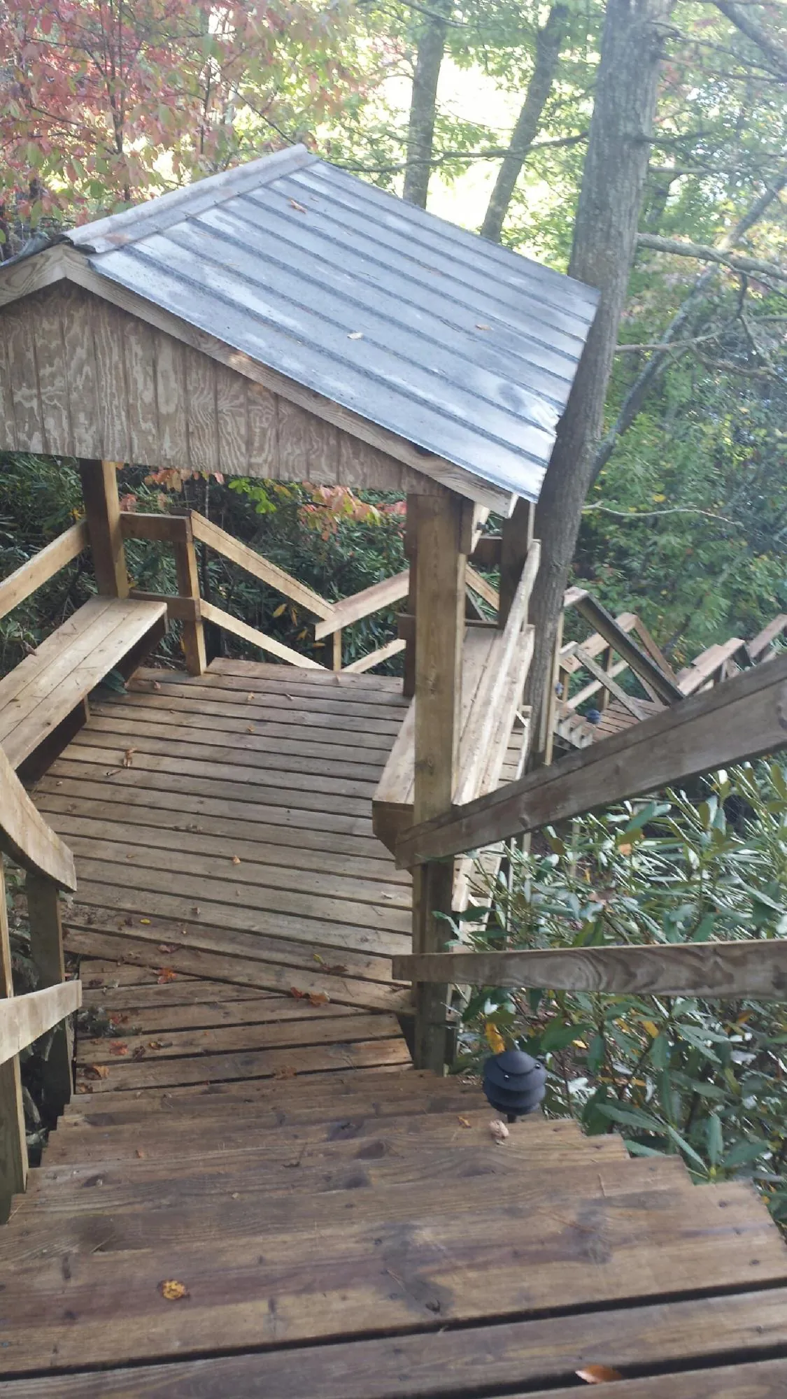 Metal roofed shelter over wooden steps on a wooded walkway — Skylight Repair & Installation work by our crew in Harbor Springs